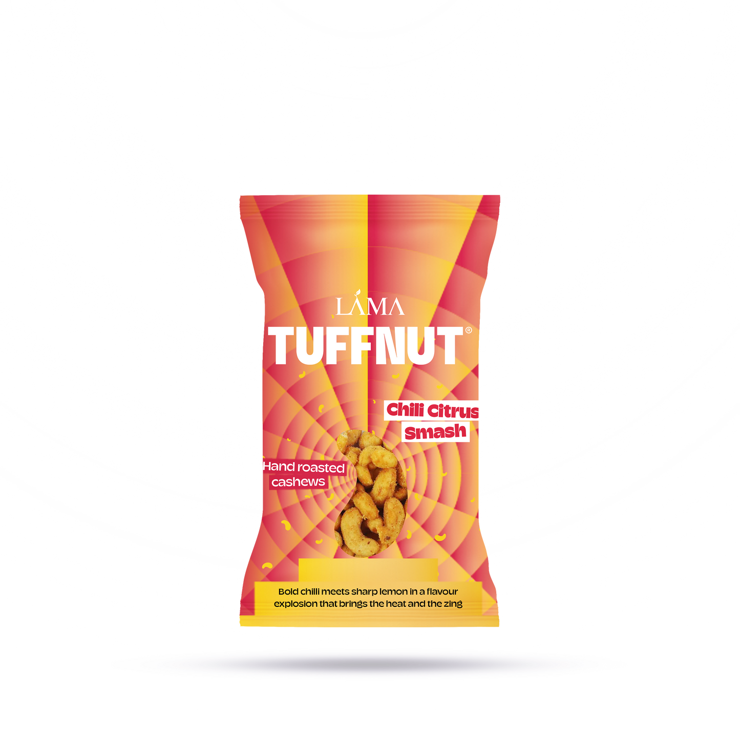 The image showcases TuffNut Chilli Citrus Smash Cashews in a vibrant orange and red package, with hand-roasted cashews featuring bold chili and zesty lemon flavors.