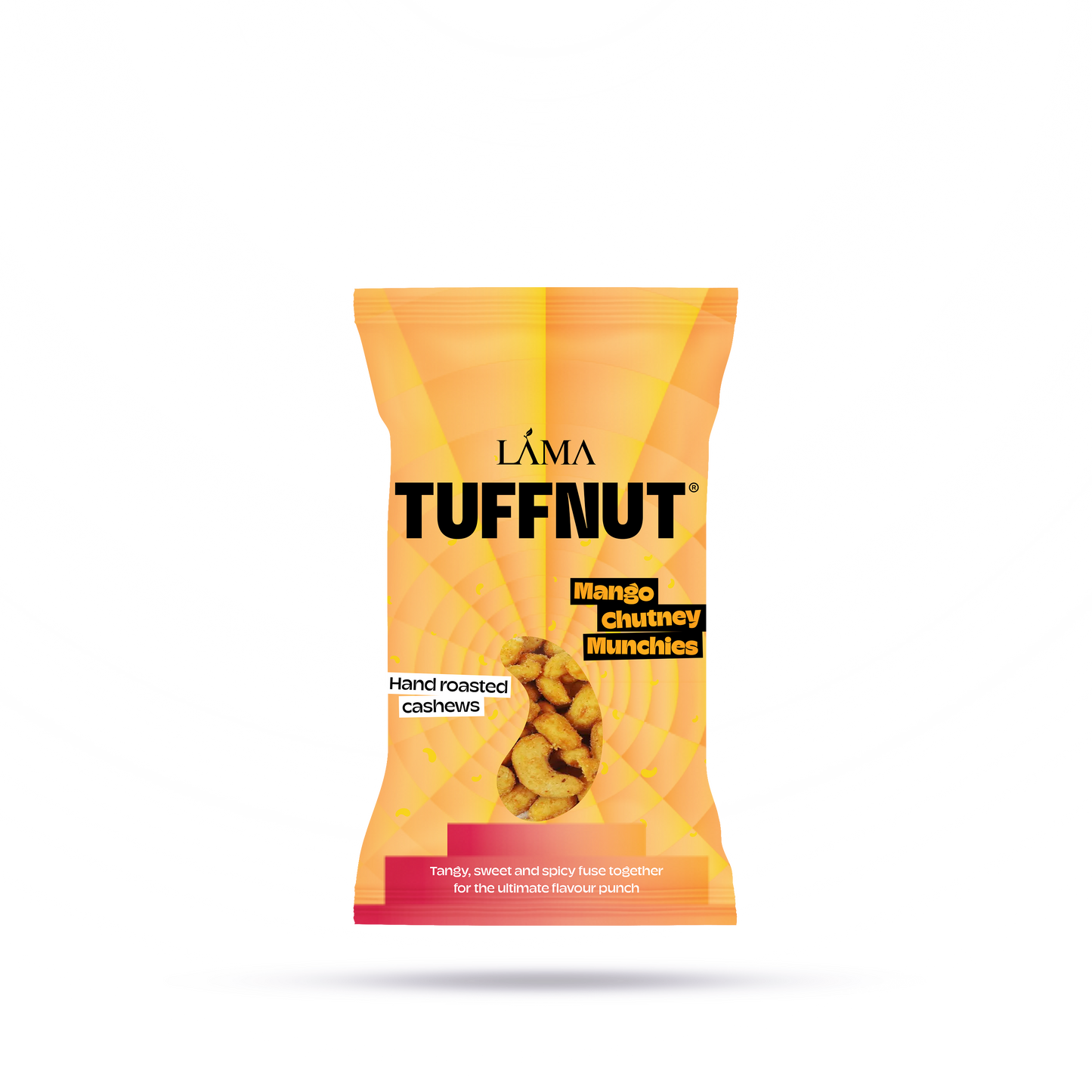An orange packet of TuffNut Mango Chutney Munchies Cashews displays a window revealing roasted cashews. The packaging highlights hand roasted cashews with an irresistible exotic mango chutney flavor.