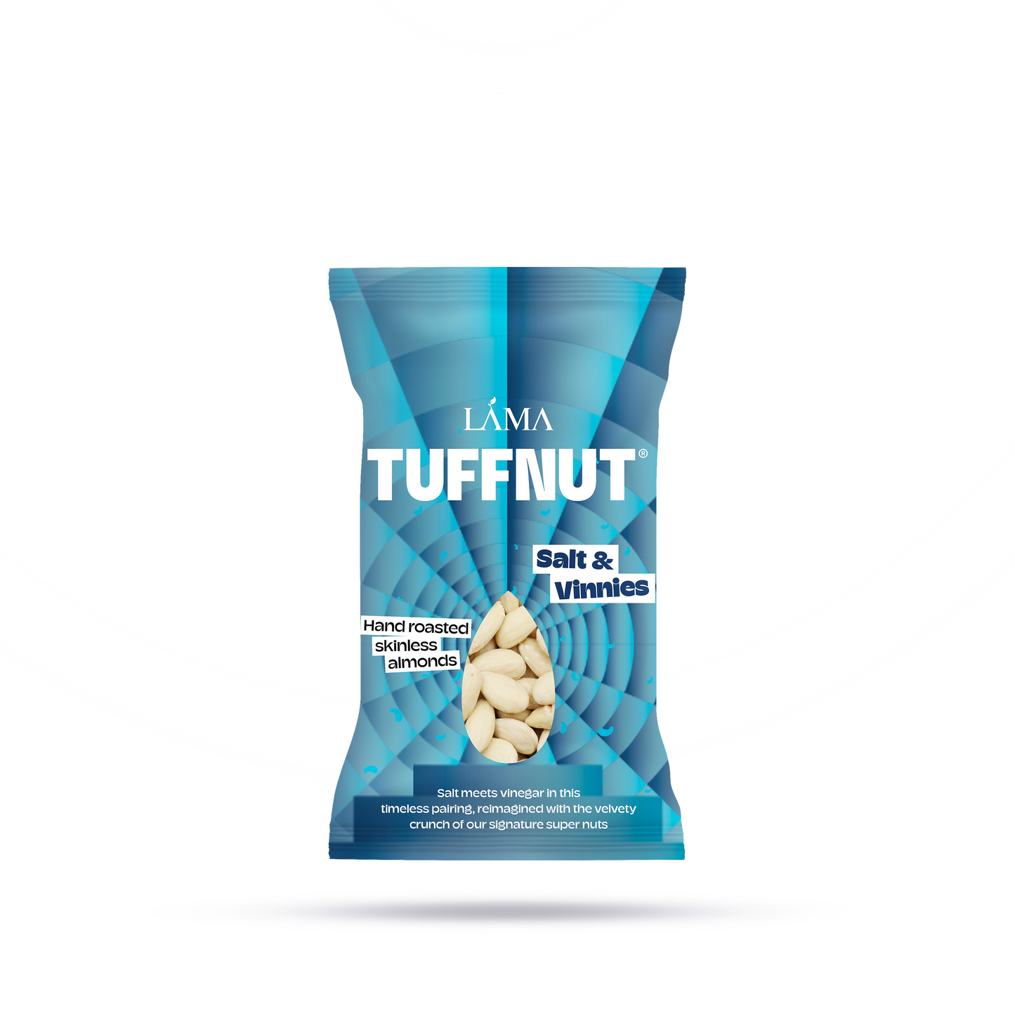 A blue bag of TuffNut Salt & Vinnies flavored hand-roasted skinless almonds by LÄMA highlights the tangy and crunchy texture of classic salt and vinegar almonds.