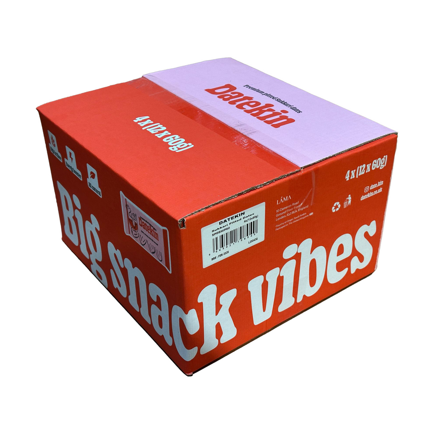 The Datekin Premium Sukkari Dates (4x12 Pack) box is red and pink with Big snack vibes in bold white letters. Purple DareKix lettering adorns the top, promising a healthy snack with natural sweetness from Sukkari Dates, featuring a barcode on the side.