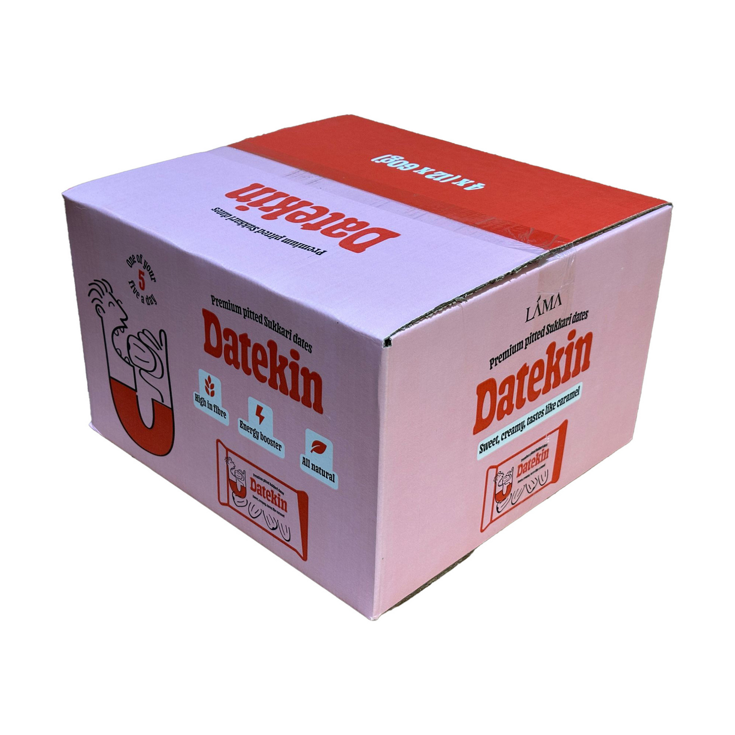 A pink and white Datekin box shows a cheerful cartoon character promoting Premium Sukkari Dates (4x12 Pack) as naturally sweet and healthy. The package features contact information and the brand logo, Lama.