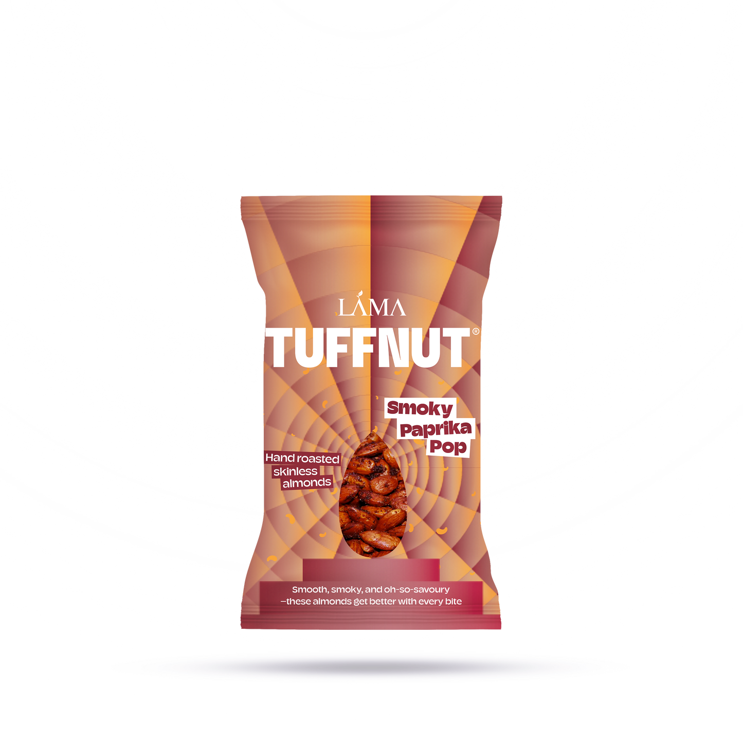 A vibrant red and orange TuffNut Smoky Paprika Pop Almonds bag, featuring seasoned almonds, highlights Hand roasted skinless almonds, perfect for savory snacking.