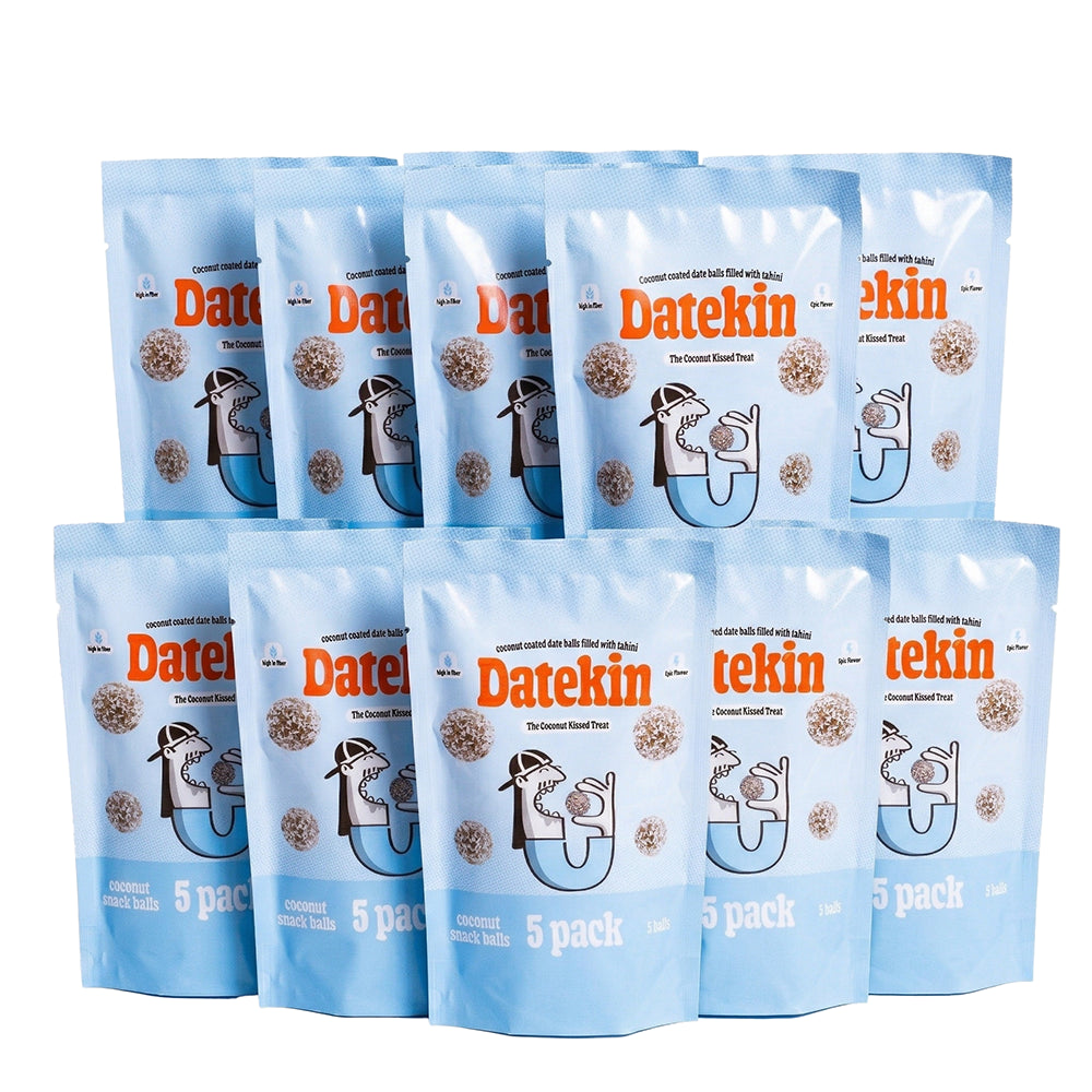 Datekin Coconut Covered Date Balls filled with Savoury Tahini (12 x 5 Pack)