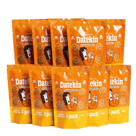 Multiple packs of Datekin snacks on a white background