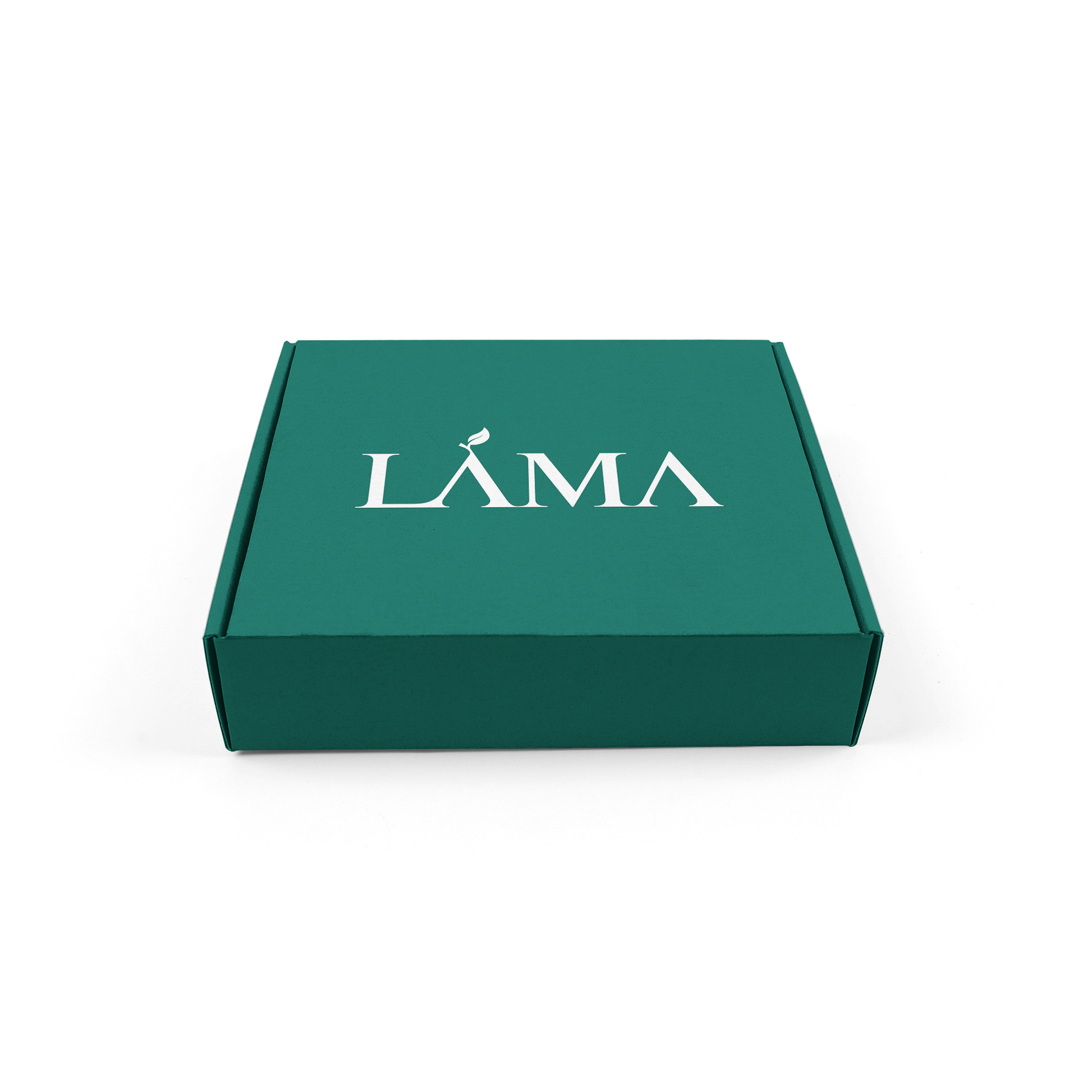 A green cardboard box labeled LĀMA in white font holds a sample of SPD60 Sukkari Pitted Dates from Datekin Sample Boxes.