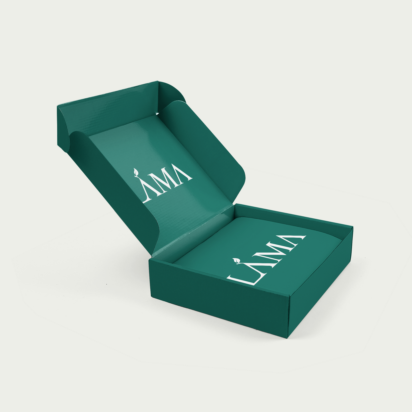 A green rectangular Datekin Sample Box labeled LAMA in white, featuring the SPD60 model. Its open lid reveals an intricate design, ideal for gifting Sukkari Pitted Dates, set elegantly against a white backdrop.